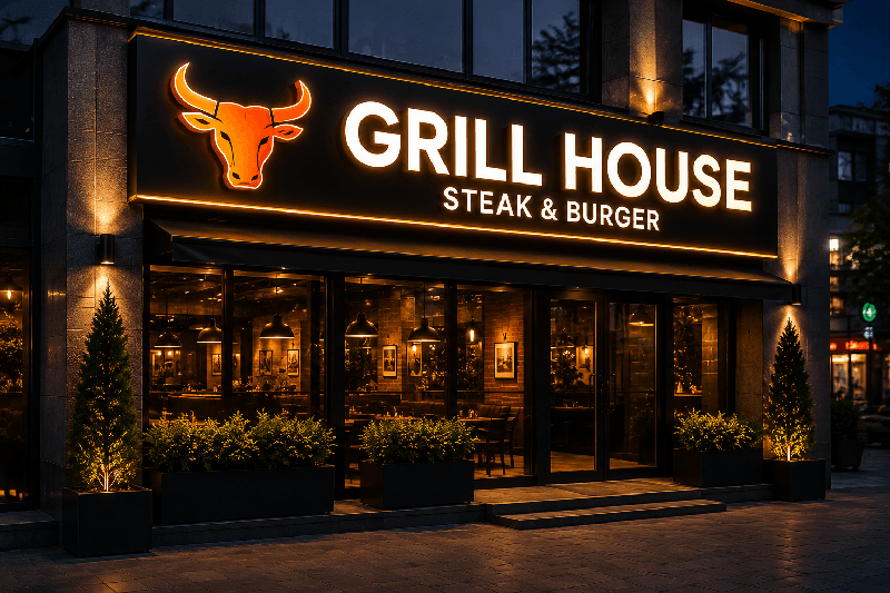 Световая вывеска ресторана Grill House с объемными светящимися буквами, изготовленная компанией Baku Reklam